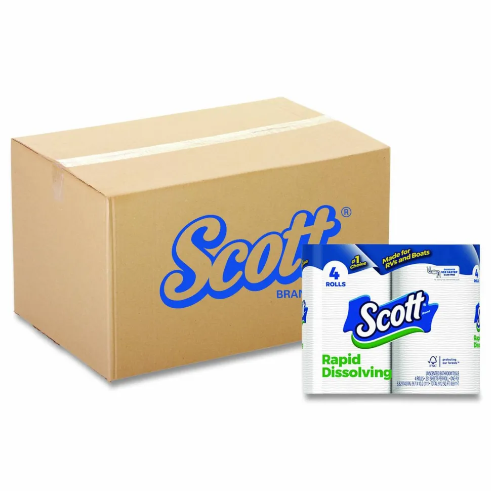 Scott Rapid-Dissolving Toilet Paper, Bath Tissue, Septic Safe, 1-Ply, White, 231 Sheets/Roll, 4/Rolls/Pack, 12 Packs/Carton