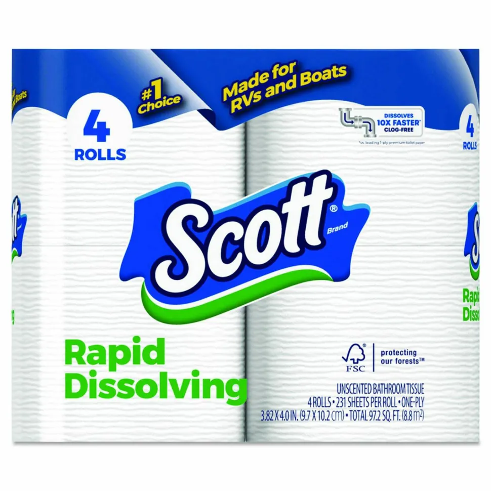 Scott Rapid-Dissolving Toilet Paper, Bath Tissue, Septic Safe, 1-Ply, White, 231 Sheets/Roll, 4/Rolls/Pack, 12 Packs/Carton