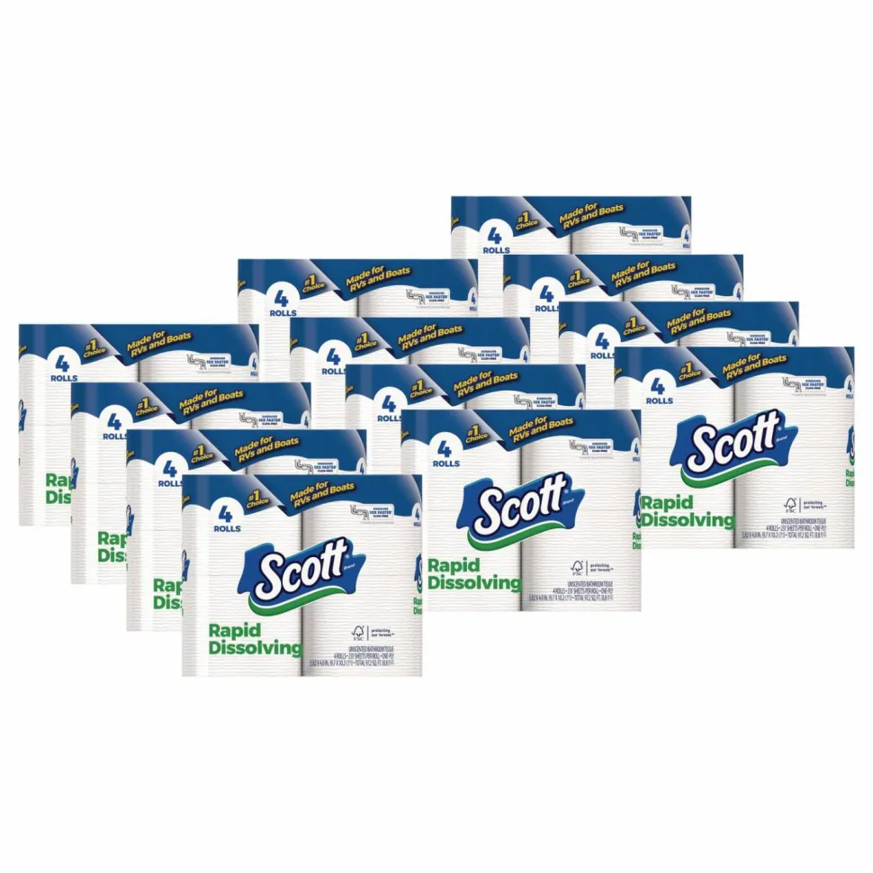 Scott Rapid-Dissolving Toilet Paper, Bath Tissue, Septic Safe, 1-Ply, White, 231 Sheets/Roll, 4/Rolls/Pack, 12 Packs/Carton