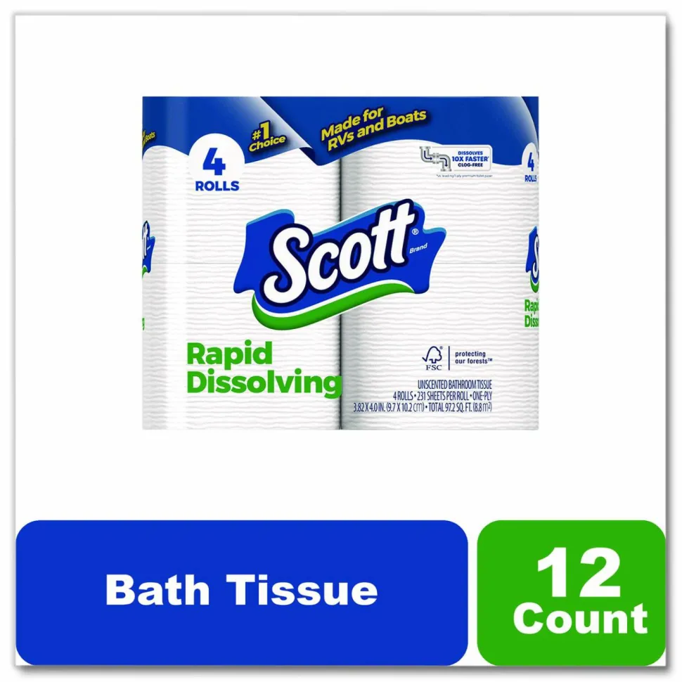Scott Rapid-Dissolving Toilet Paper, Bath Tissue, Septic Safe, 1-Ply, White, 231 Sheets/Roll, 4/Rolls/Pack, 12 Packs/Carton
