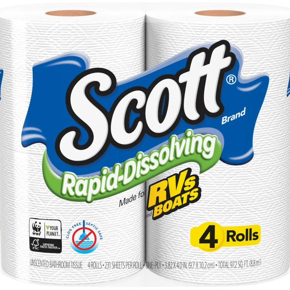 Scott Rapid-Dissolving Toilet Paper, Bath Tissue, Septic Safe, 1-Ply, White, 231 Sheets/Roll, 4/Rolls/Pack, 12 Packs/Carton