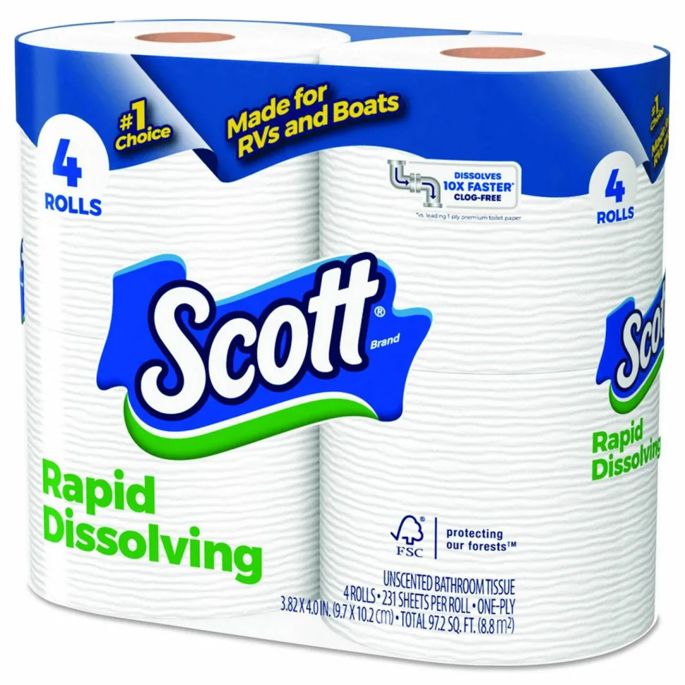 Scott Rapid-Dissolving Toilet Paper, Bath Tissue, Septic Safe, 1-Ply, White, 231 Sheets/Roll, 4/Rolls/Pack, 12 Packs/Carton
