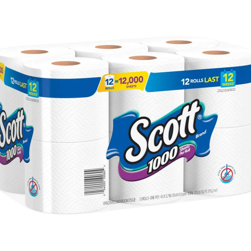 Scott 1000 Toilet Paper, 1000 Sheets Per Roll, Pack Of 12 Rolls