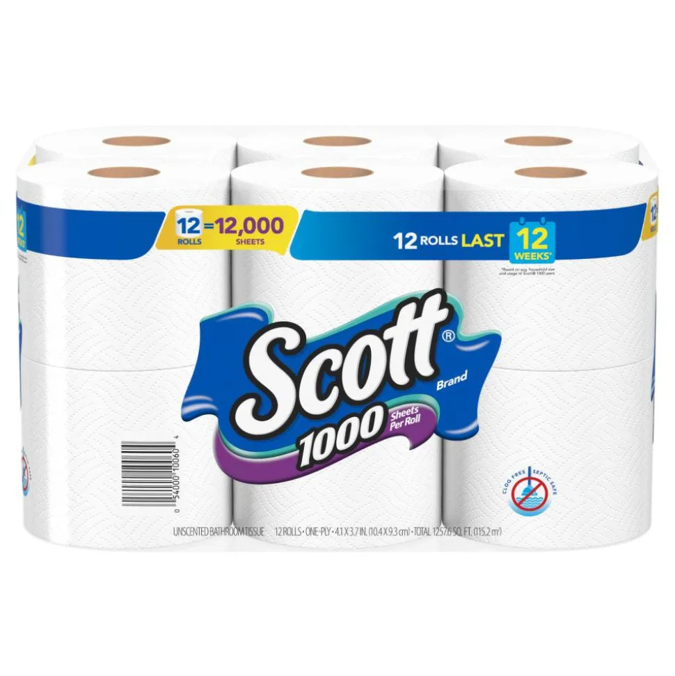 Scott 1000 Toilet Paper, 1000 Sheets Per Roll, Pack Of 12 Rolls