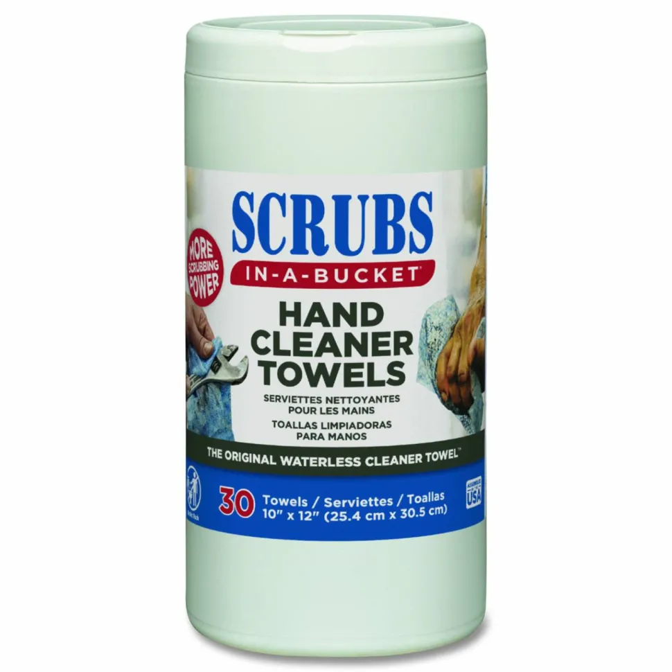 SCRUBS Hand Cleaner Towels, 1-Ply, 10 x 12, Citrus, Blue/White, 30/Canister, 6/Carton