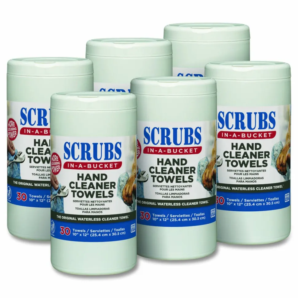 SCRUBS Hand Cleaner Towels, 1-Ply, 10 x 12, Citrus, Blue/White, 30/Canister, 6/Carton