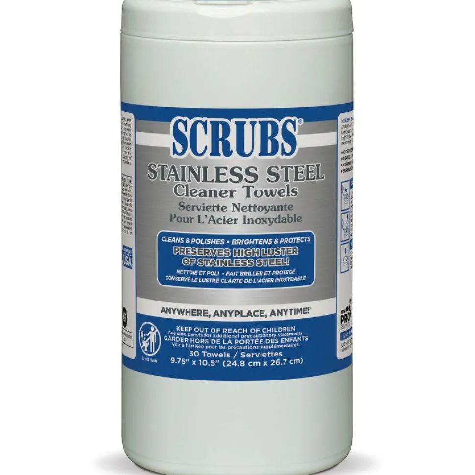 SCRUBS Stainless Steel Cleaner Wipes, Citrus Scent, 32 Oz Bottle, 30 Towel Per Pack, Case Of 6