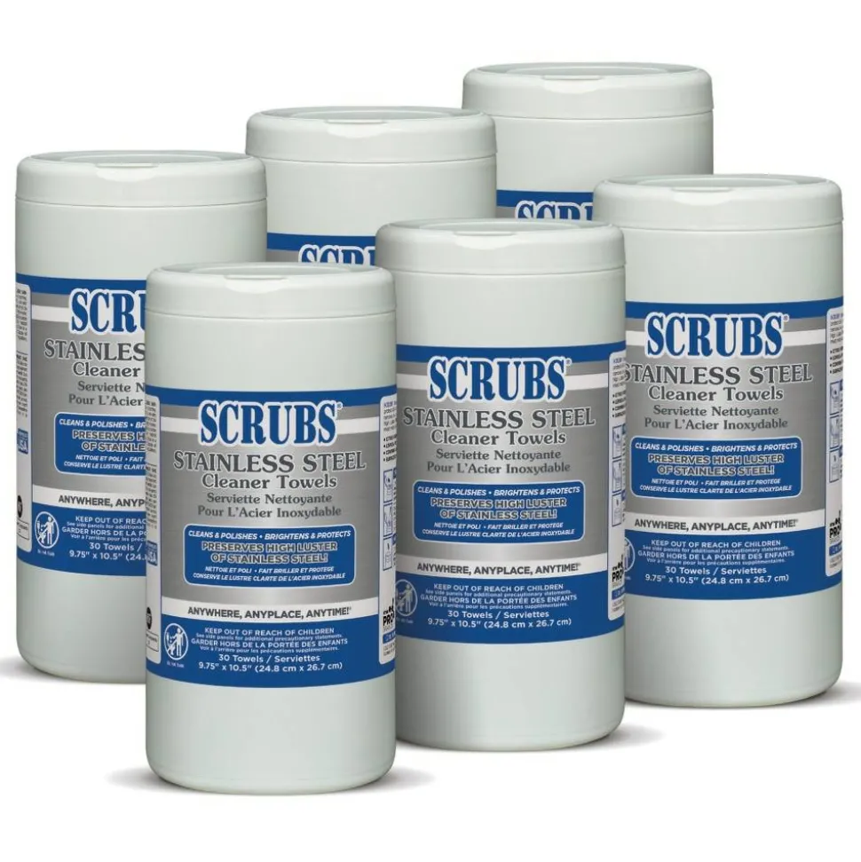 SCRUBS Stainless Steel Cleaner Wipes, Citrus Scent, 32 Oz Bottle, 30 Towel Per Pack, Case Of 6