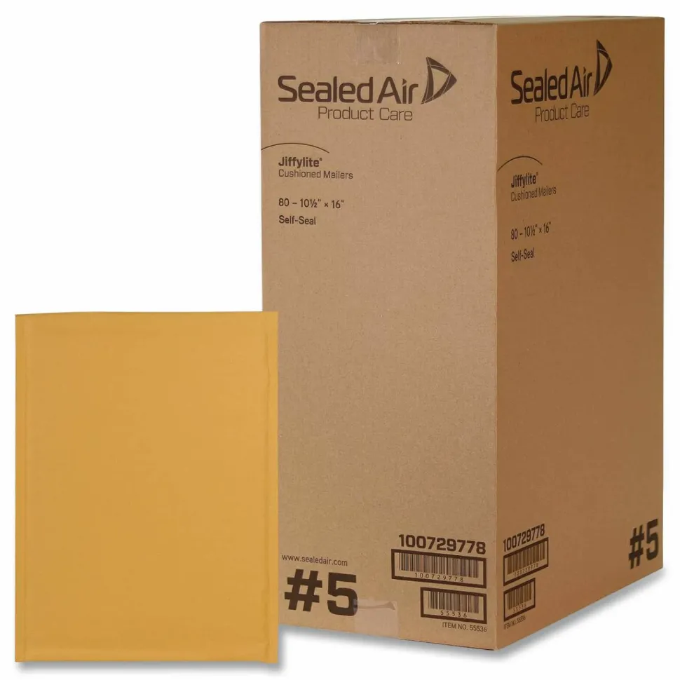 Sealed Air Jiffylite Bubble Cushioned Mailers - Padded - #5 - 10 1/2" Width x 16" Length - Peel & Seal - Gold - Kraft - 80 / Carton