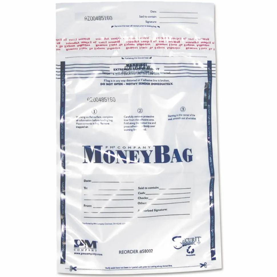 SecurIT Tamper Evident Deposit Bag, Plastic, 9" x 12", Clear, 100/Pack