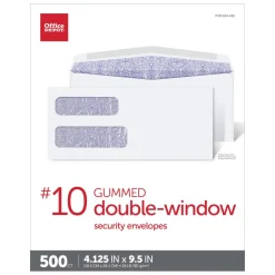 #10 Security Envelopes, Double Window, 4-1/8" x 9-1/2", Gummed Seal, White, Box Of 500