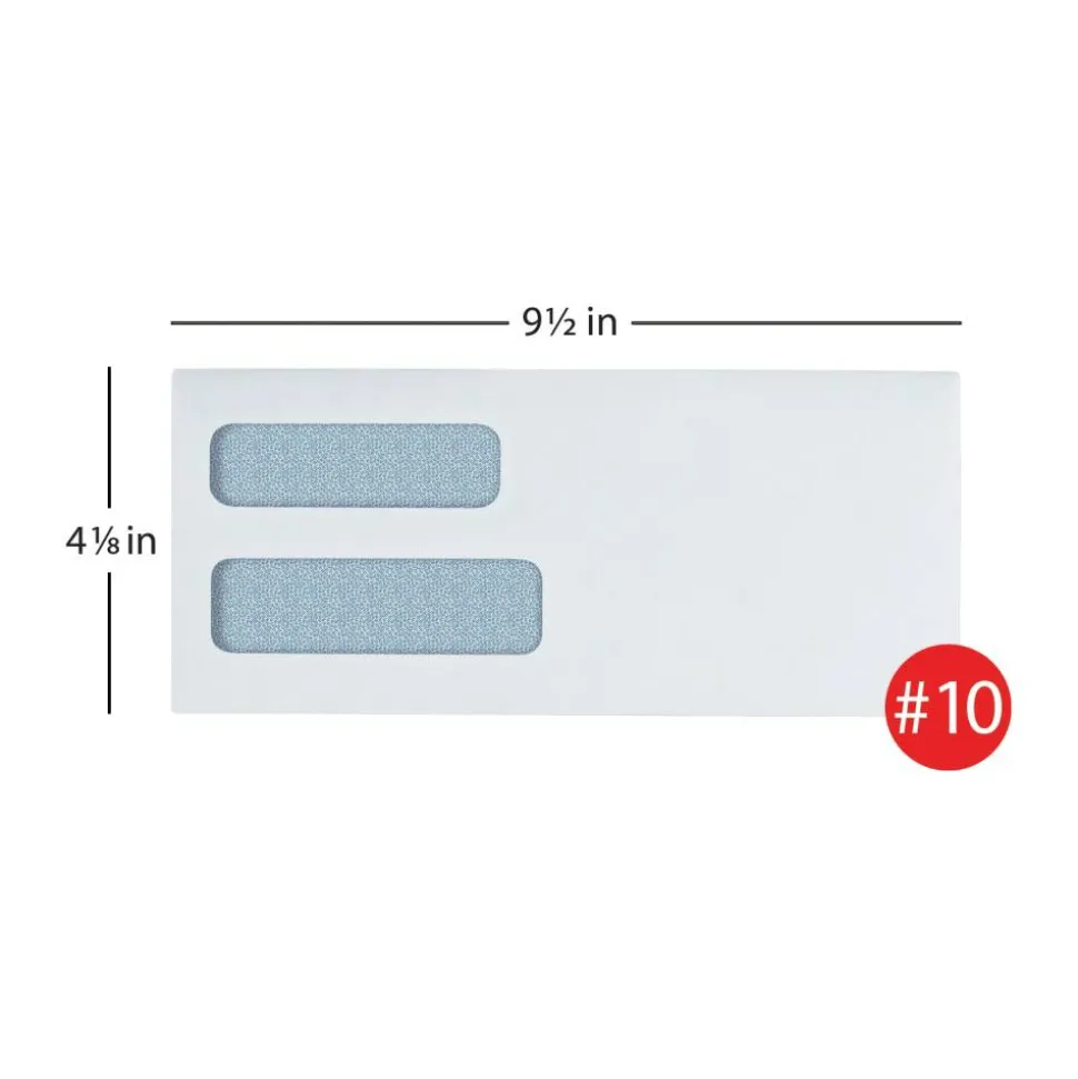 #10 Security Envelopes, Double Window, 4-1/8" x 9-1/2", Gummed Seal, White, Box Of 500