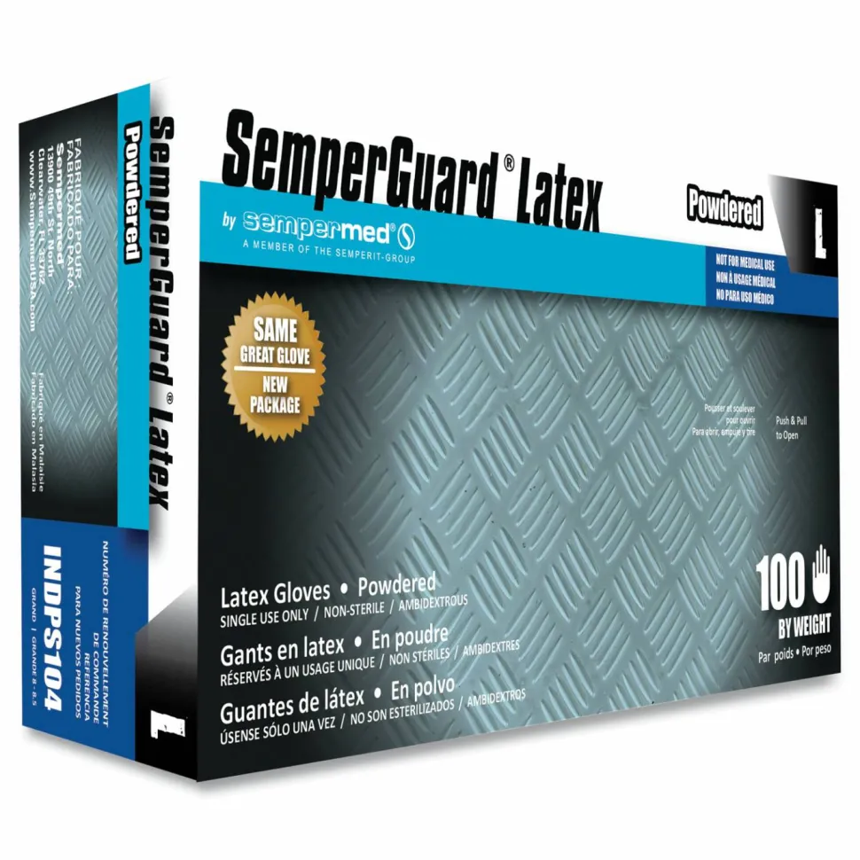 SemperGuard Latex Powdered Gloves, Large, 4 mil Thick, 9.45" Long, Cream, 100/Box