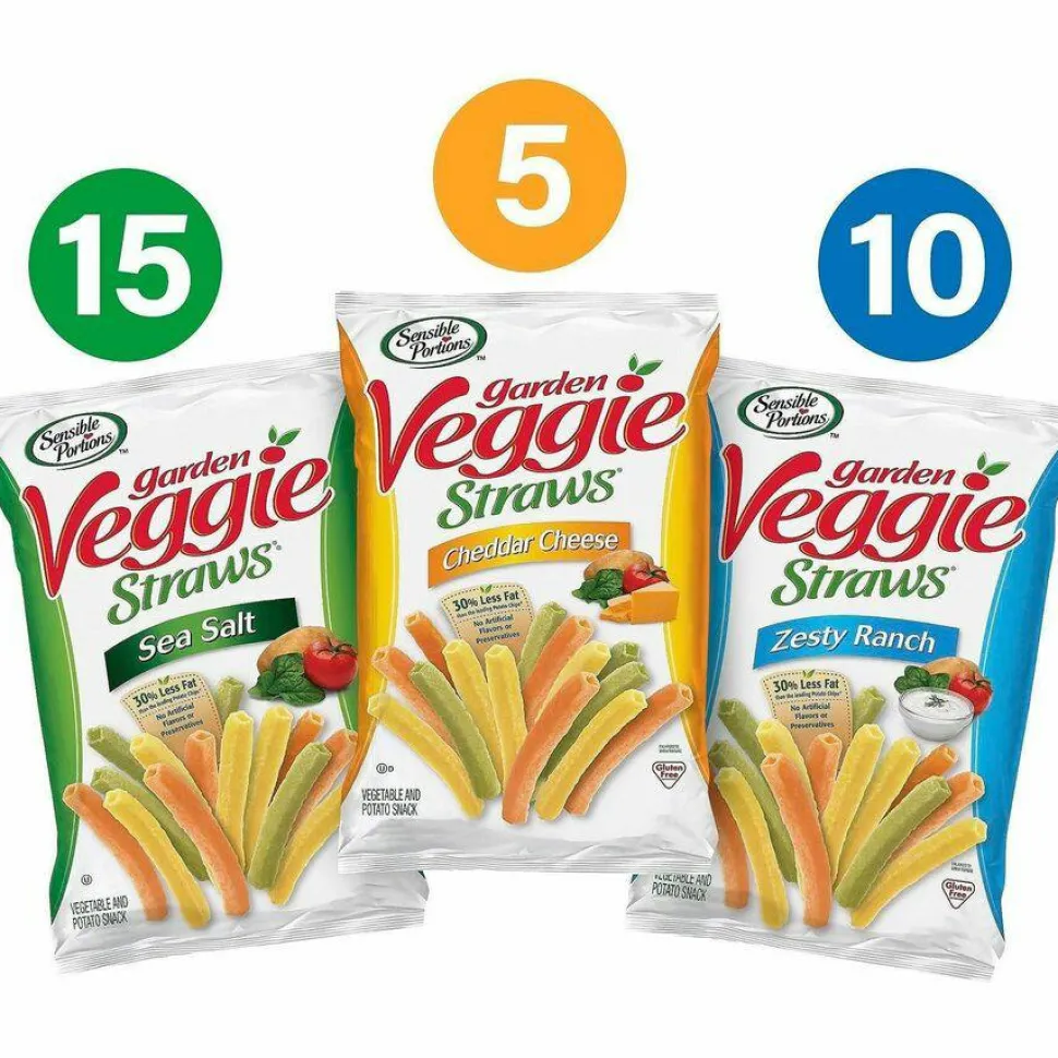 Sensible Portions Veggie Straws, Cheddar Cheese/Sea Salt/Zesty Ranch, 1 oz Bag, 30 Bags/Carton