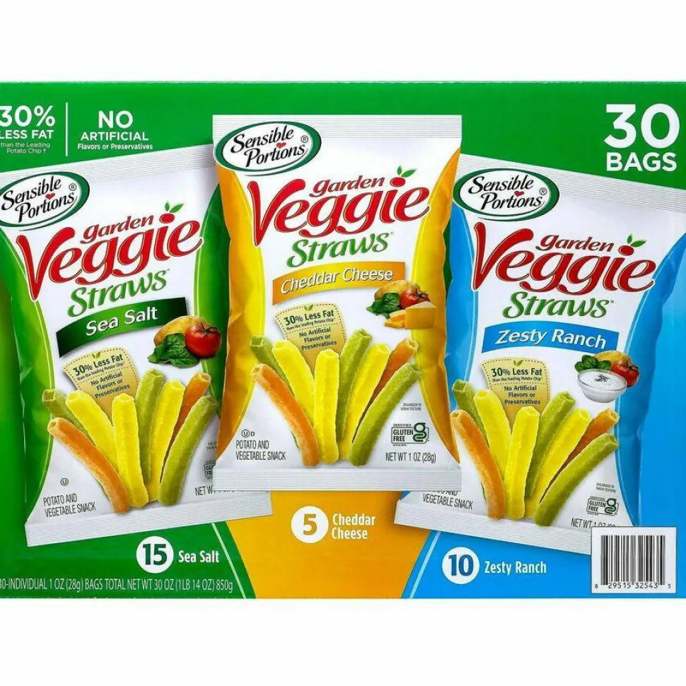 Sensible Portions Veggie Straws, Cheddar Cheese/Sea Salt/Zesty Ranch, 1 oz Bag, 30 Bags/Carton