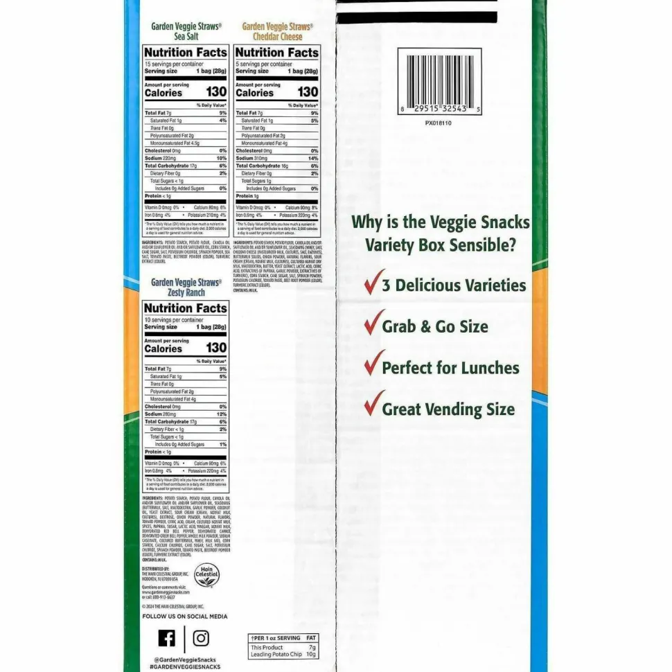 Sensible Portions Veggie Straws, Cheddar Cheese/Sea Salt/Zesty Ranch, 1 oz Bag, 30 Bags/Carton