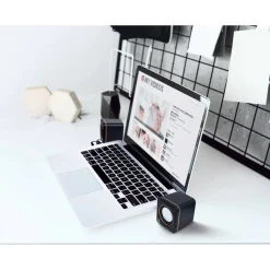 2600 Series Speaker System, Small Size, Big Sound, Two Speakers, Stereo, USB power, Output: 2x 3W, 3.5mm plug for sound, In-Line volume control, Cable 0.9m, Black, Three Year Warranty