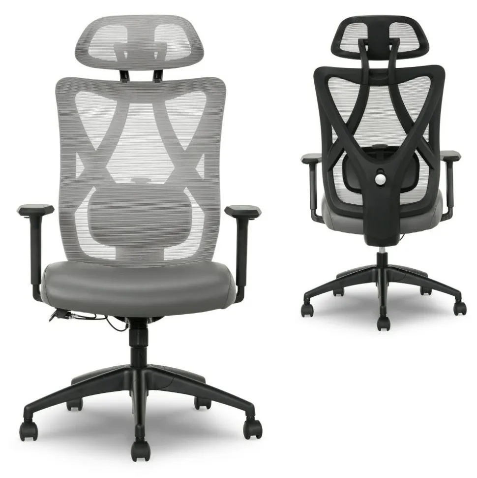 Serta SitTrue Ridgefield Ergonomic Mesh/Vegan Leather High-Back Task Office Chair, Gray/Black