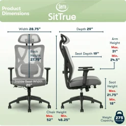 Serta SitTrue Ridgefield Ergonomic Mesh/Vegan Leather High-Back Task Office Chair, Gray/Black
