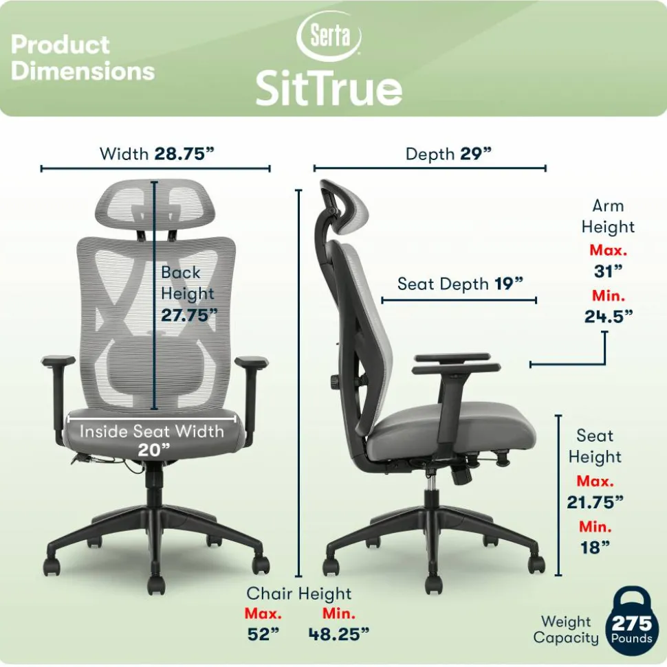 Serta SitTrue Ridgefield Ergonomic Mesh/Vegan Leather High-Back Task Office Chair, Gray/Black
