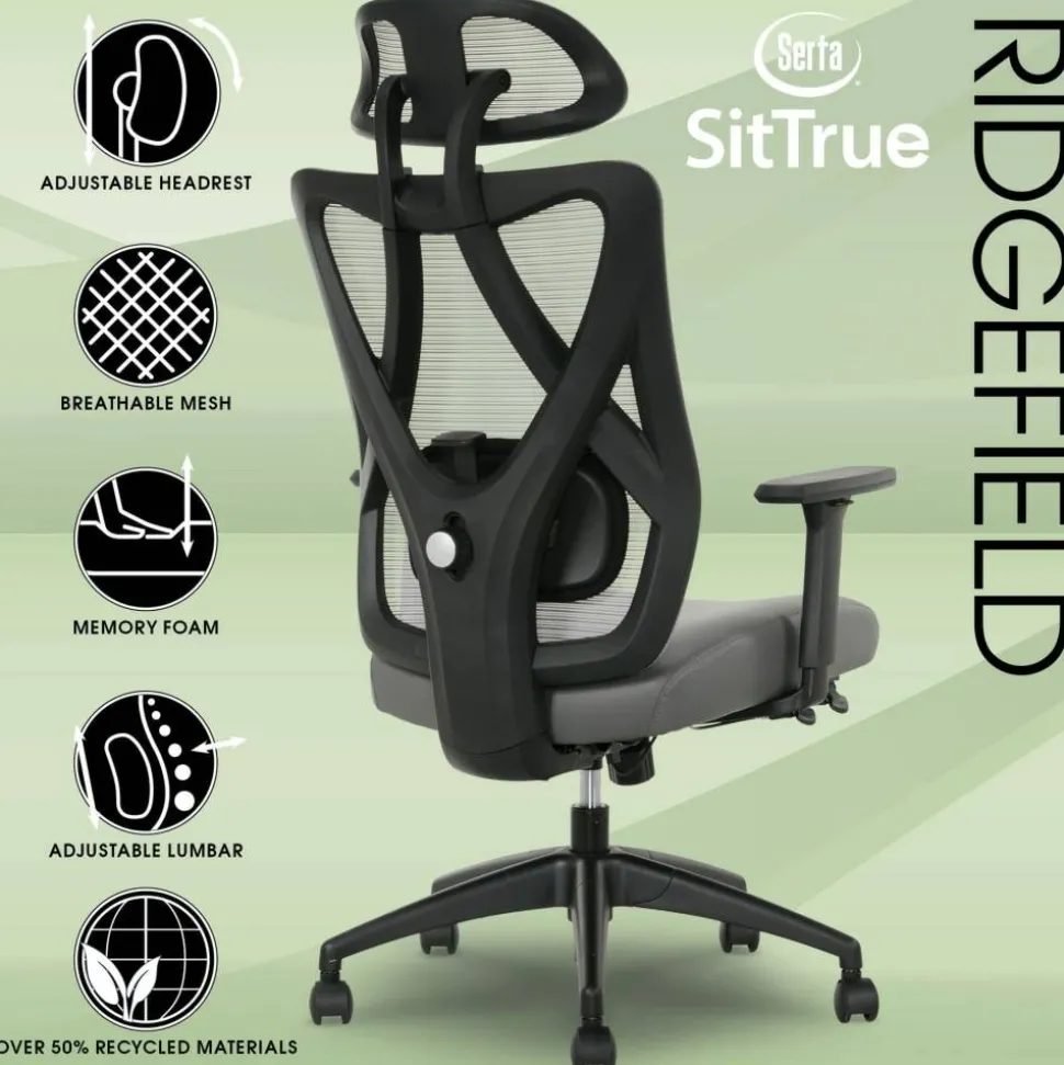 Serta SitTrue Ridgefield Ergonomic Mesh/Vegan Leather High-Back Task Office Chair, Gray/Black