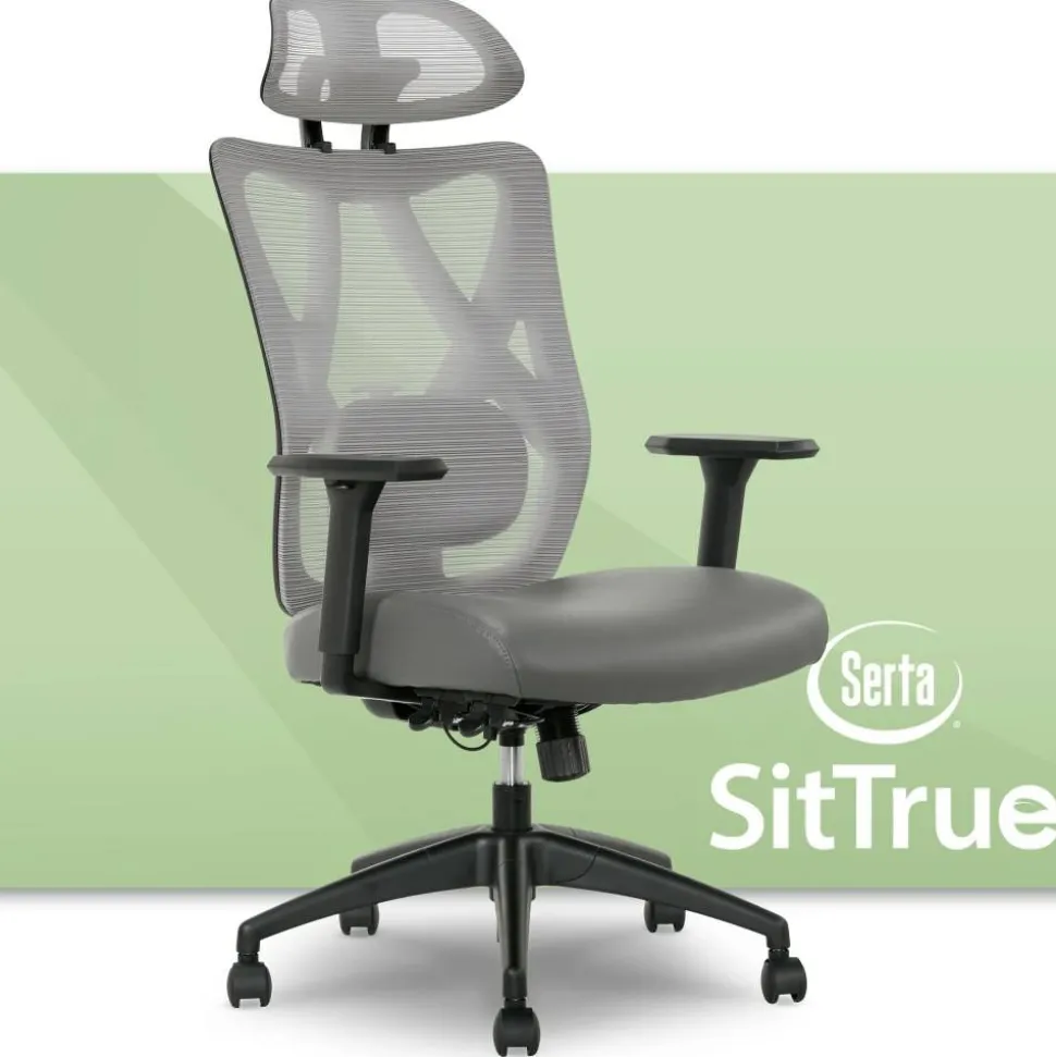 Serta SitTrue Ridgefield Ergonomic Mesh/Vegan Leather High-Back Task Office Chair, Gray/Black