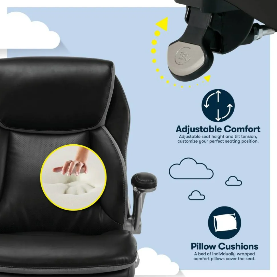 Serta Smart Layers Brinkley Ergonomic Bonded Leather High-Back Executive Office Chair, Black/Silver