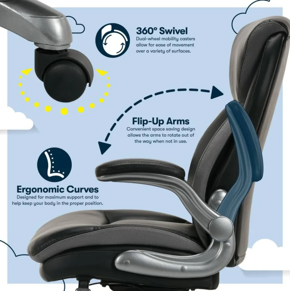 Serta Smart Layers Brinkley Ergonomic Bonded Leather High-Back Executive Office Chair, Black/Silver