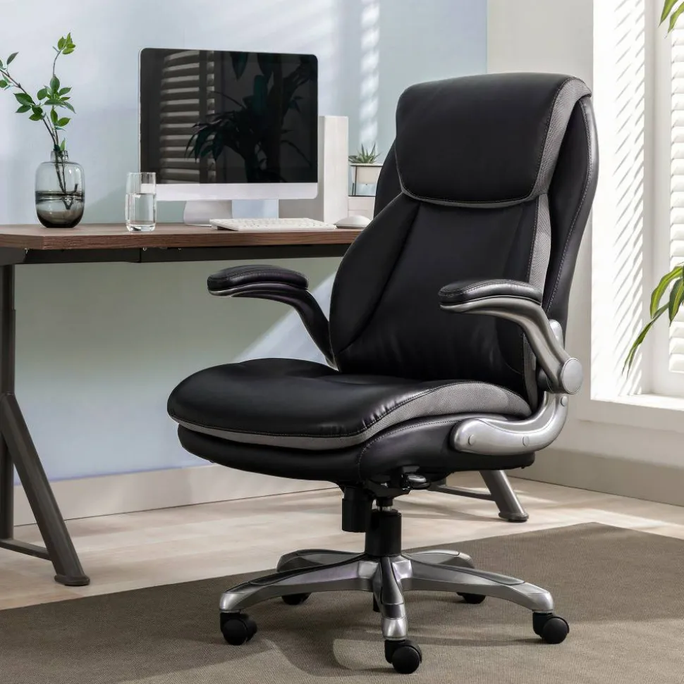 Serta Smart Layers Brinkley Ergonomic Bonded Leather High-Back Executive Office Chair, Black/Silver