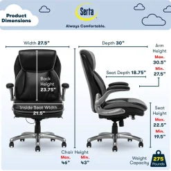Serta Smart Layers Brinkley Ergonomic Bonded Leather High-Back Executive Office Chair, Black/Silver