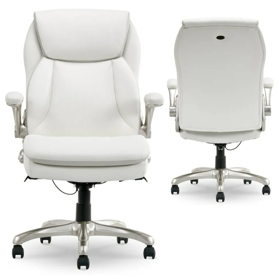 Serta Smart Layers Brinkley Ergonomic Bonded Leather High-Back Executive Office Chair, White/Silver