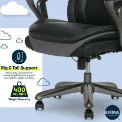 Serta SmartLayers Everett Big & Tall Ergonomic Vegan Leather High-Back Executive Office Chair, Black/Dark Gray, BIFMA Compliant