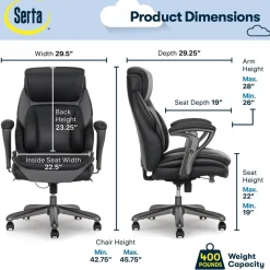 Serta SmartLayers Everett Big & Tall Ergonomic Vegan Leather High-Back Executive Office Chair, Black/Dark Gray, BIFMA Compliant
