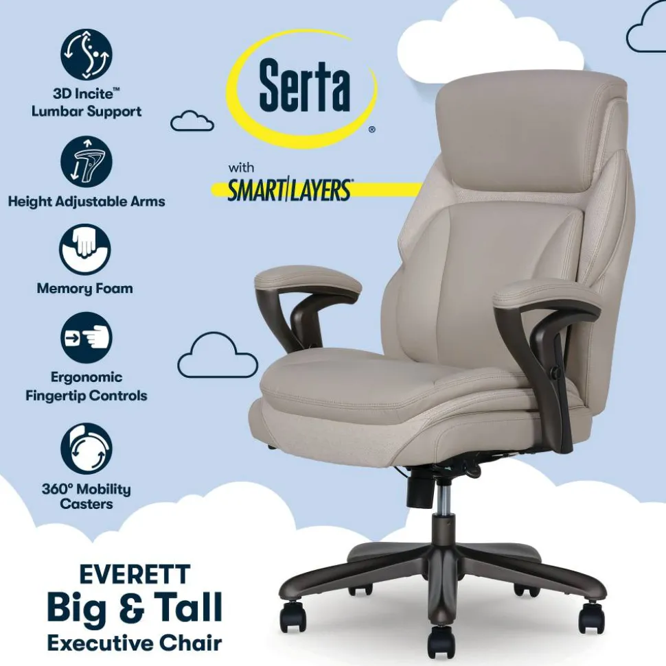 Serta SmartLayers Everett Big & Tall Ergonomic Vegan Leather High-Back Executive Office Chair, Taupe/Dark Gray, BIFMA Compliant