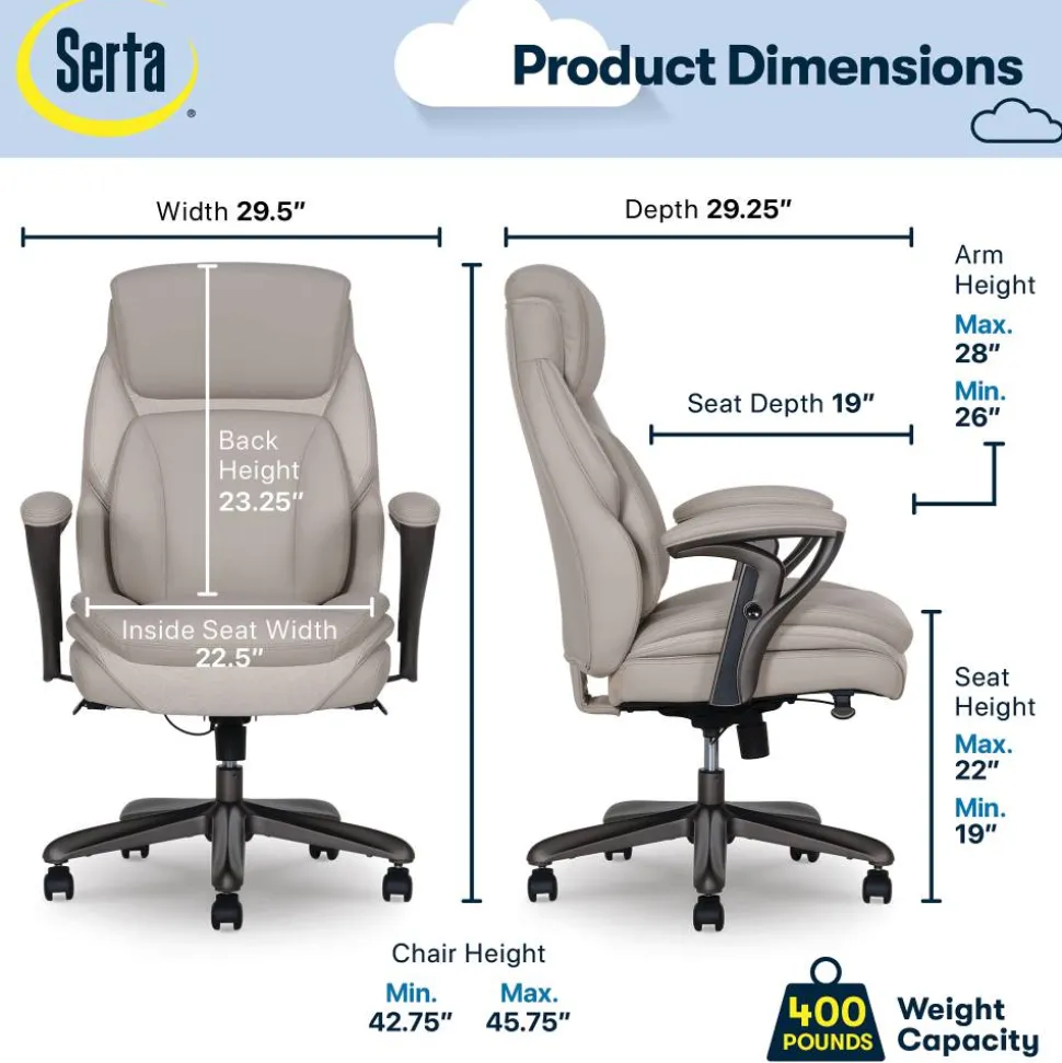 Serta SmartLayers Everett Big & Tall Ergonomic Vegan Leather High-Back Executive Office Chair, Taupe/Dark Gray, BIFMA Compliant