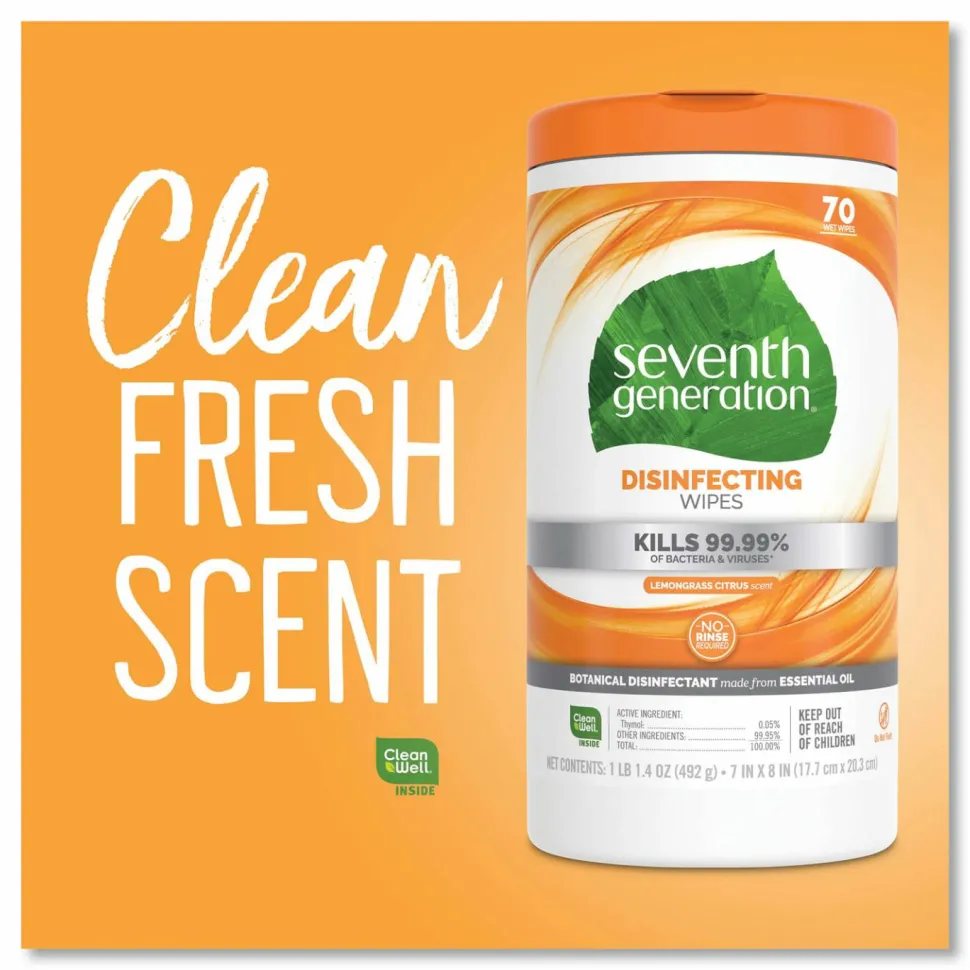 Seventh Generation Disinfecting Wipes, Lemongrass Scent, 70 Wipes Per Canister, Pack Of 6 Canisters