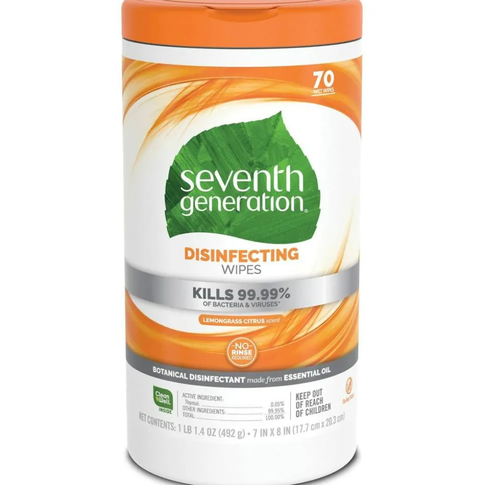 Seventh Generation Disinfecting Wipes, Lemongrass Scent, 70 Wipes Per Canister, Pack Of 6 Canisters