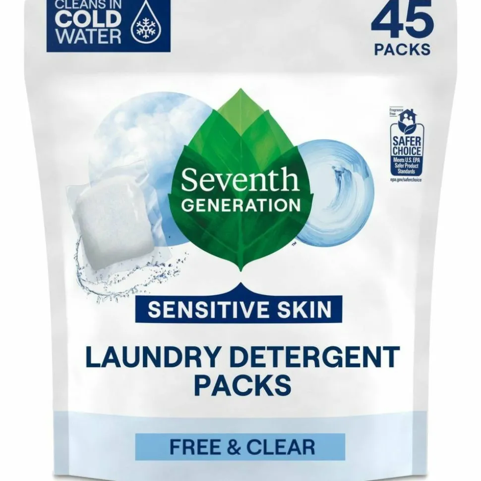 Seventh Generation Free & Clear Laundry Detergent Packs, Unscented, Pack Of 45