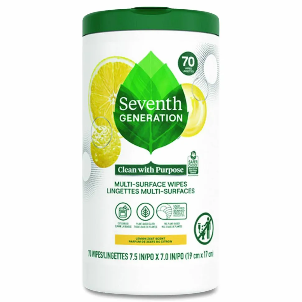 Seventh Generation Multi-Surface Wipes, 7 x 7, Lemon Zest, White, 70 Wipes/Canister, 6/Carton