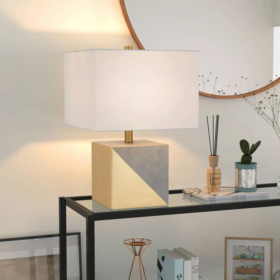 Severin 18.5" Tall Gold-Dipped Concrete Table Lamp with Fabric Shade in Gold and Concrete/White