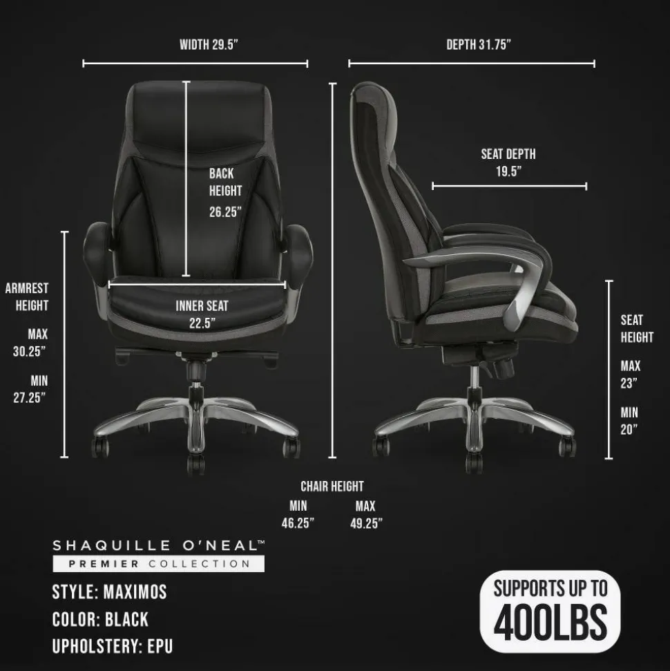 Shaquille O'Neal Maximos Big & Tall Ergonomic Vegan Leather High-Back Executive Office Chair, Black/Silver, BIFMA Compliant