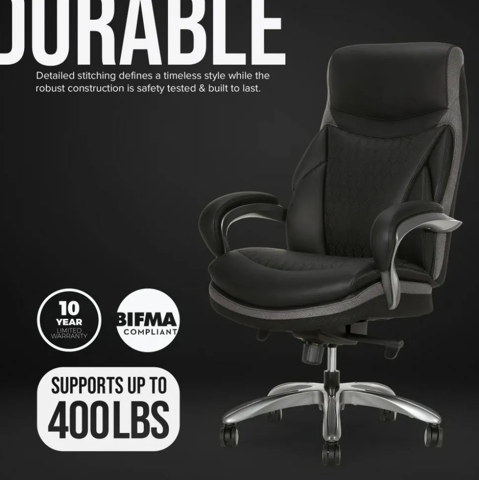 Shaquille O'Neal Maximos Big & Tall Ergonomic Vegan Leather High-Back Executive Office Chair, Black/Silver, BIFMA Compliant