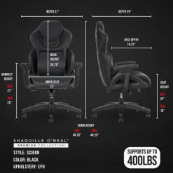 Shaquille O'Neal Sciron Big & Tall Ergonomic High-Back Vegan Leather Executive Gaming Office Chair, Black, BIFMA Compliant