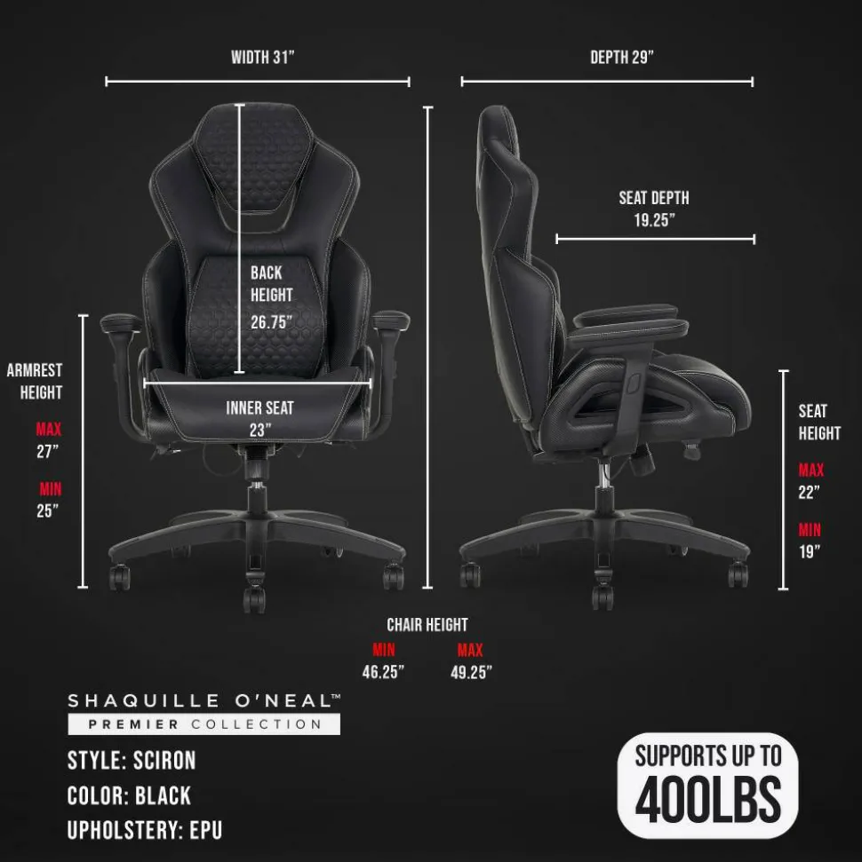 Shaquille O'Neal Sciron Big & Tall Ergonomic High-Back Vegan Leather Executive Gaming Office Chair, Black, BIFMA Compliant