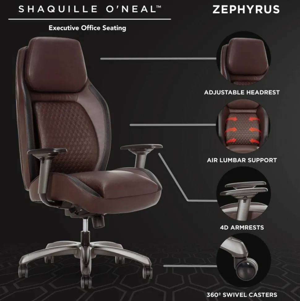 Shaquille O'Neal Zephyrus Ergonomic Bonded Leather High-Back Executive Office Chair, Walnut/Silver, BIFMA Compliant