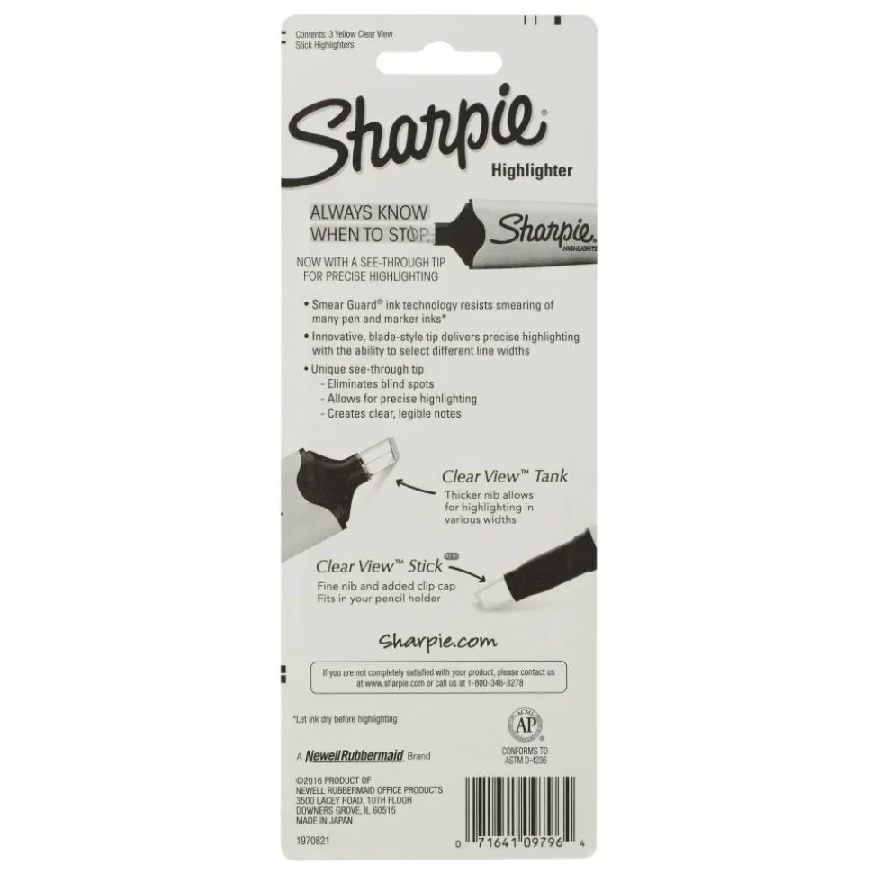 Sharpie Clear View Highlighter Stick, Chisel Point, Yellow, Pack Of 3