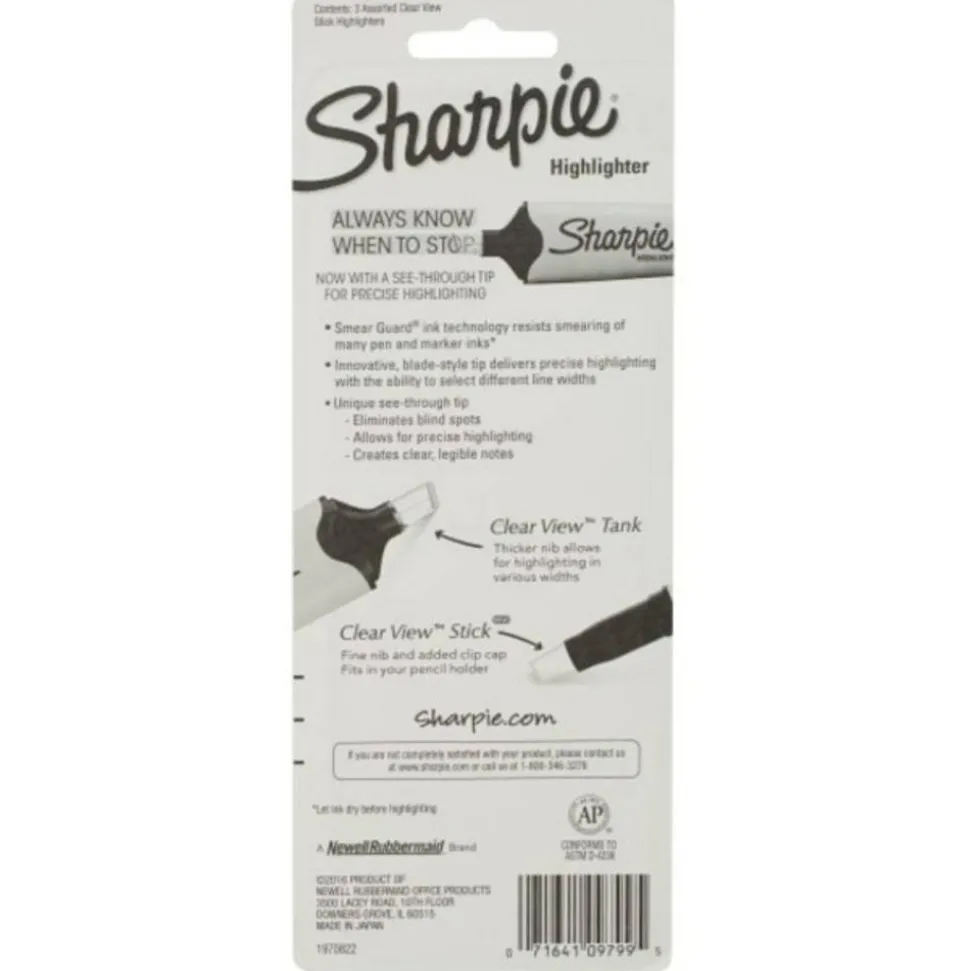 Sharpie Clear View Highlighter Stick, Chisel Point, Assorted Colors, Pack Of 3