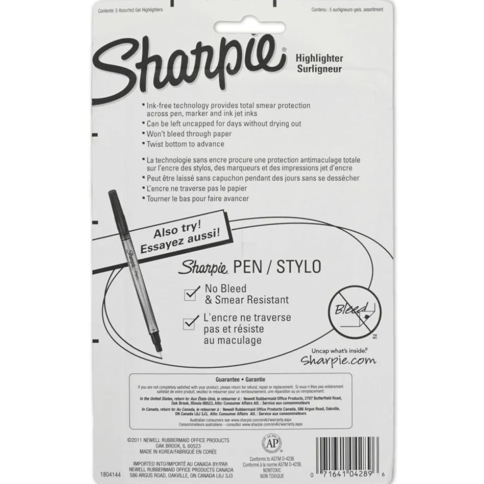 Sharpie Gel Highlighters, Bullet Tip, Assorted Colors, 5 Count