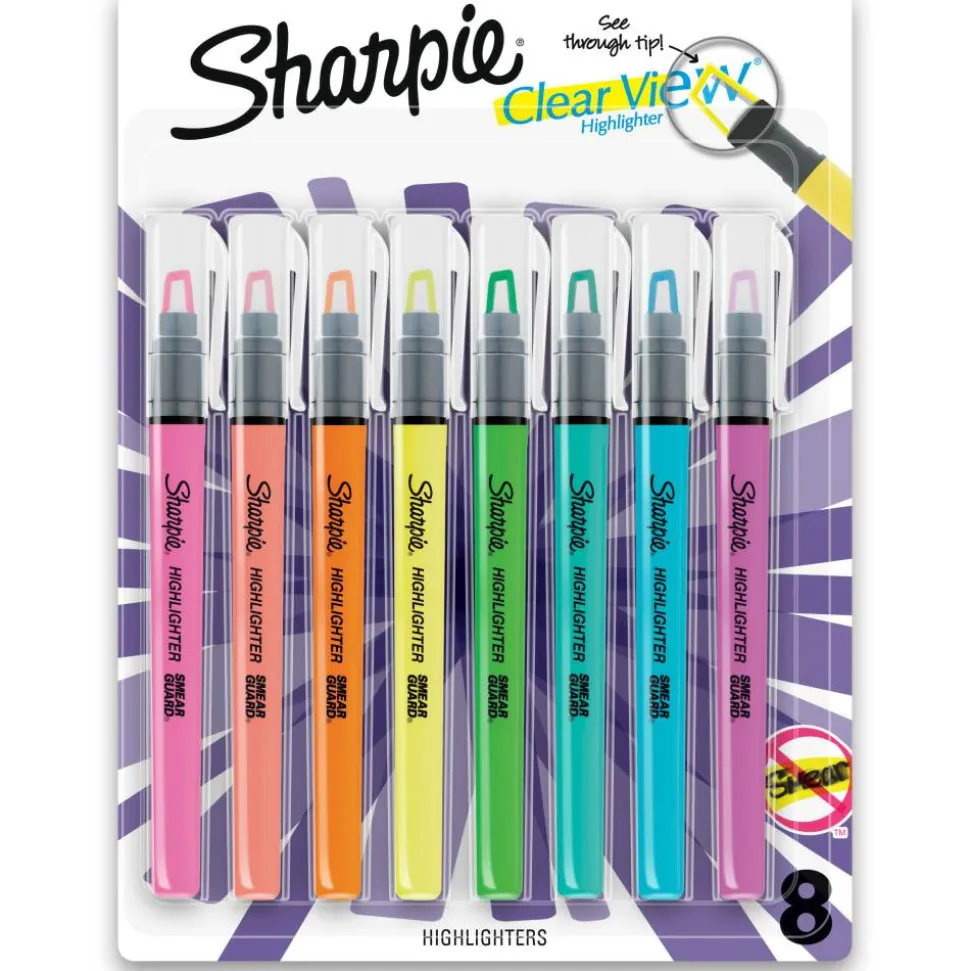 Sharpie Highlighter, Clear View Highlighter with See-Through Chisel Tip, Stick Highlighter, Assorted, 8 Count