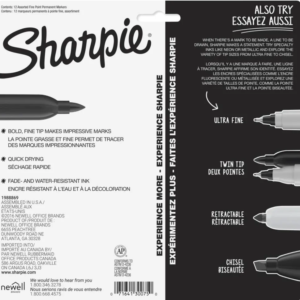 Sharpie Permanent Fine-Point Markers, Assorted Colors, Pack Of 12 Markers